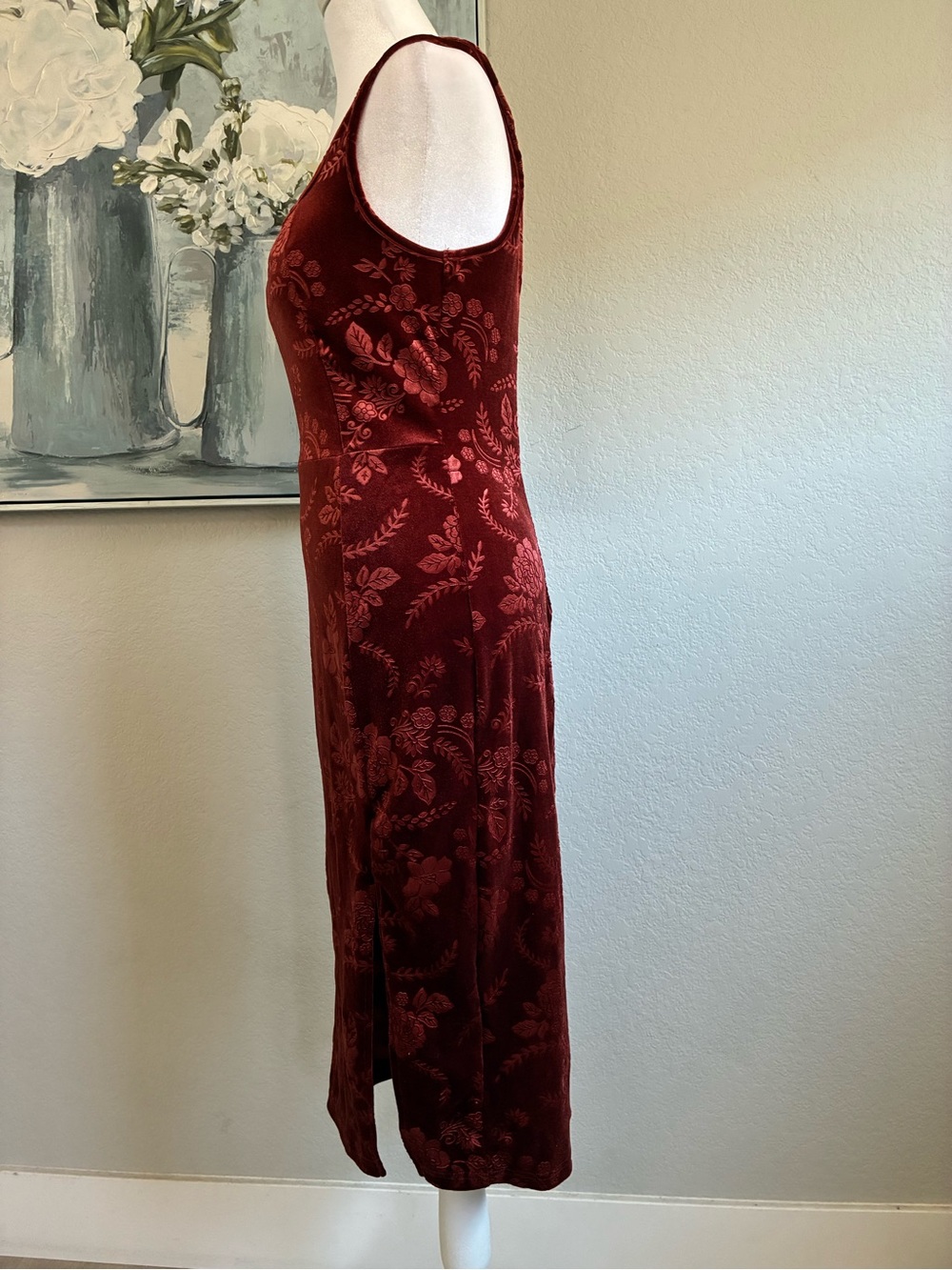 Emery Rose Rust Red Floral Velvet Midi Dress Size Medium - Picture 3 of 7